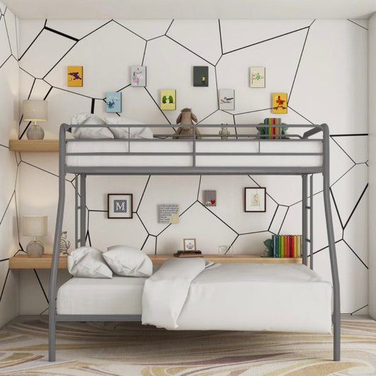 DHP Dusty Twin over Full Metal Bunk Bed Frame with Integrated Ladder, Silver- NEW IN BOX (minor dents from shipping, photos shown)
