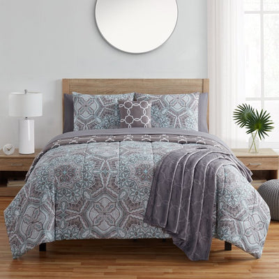 VCNY Home Belinda 9-Piece Aqua/Grey Medallion Polyester Bed in a Bag, King**New in bag**
