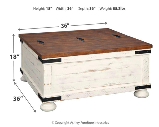 Signature Design by Ashley Wystfield Farmhouse Square Storage Coffee Table with Hinged Lift Top, Distressed White**New in box**