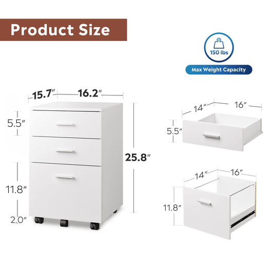 DEVAISE 3 Drawer Wood Mobile File Cabinet, Rolling Filing Cabinet for Letter/A4 Size, White**New in box**
