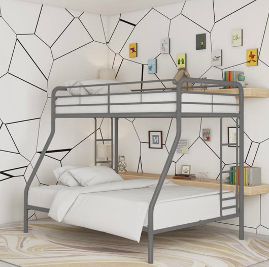 DHP Dusty Twin over Full Metal Bunk Bed Frame with Integrated Ladder, Silver- NEW IN BOX (minor dents from shipping, photos shown)