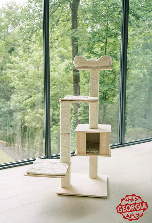 PAWMONA Multi-Level Cat Tree Bed Condo, 60", Indoor Cat Tower with Square-Shaped Scratching Posts for Cats and Kittens, 4 Beds, 1 Covered, Made from Natural Birch Wood and Natural Sisal Matting, Cream