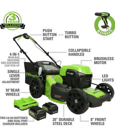 Greenworks 48V 20" Brushless Cordless Push Lawn Mower + 24V Brushless Drill / Driver, (2) 4.0Ah USB Batteries (USB Hub) and Dual Port Rapid Charger Included (2 x 24V)- NEW IN BOX