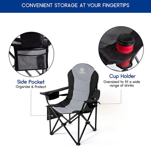 Coastrail Outdoor Camping Chair Oversized Padded Folding Quad Arm Chairs with Lumbar Back Support, Cooler Bag, Cup Holder & Side Pocket, Extra Head Pocket, Supports 400 lbs,Black- NEW OUT OF BOX!!!