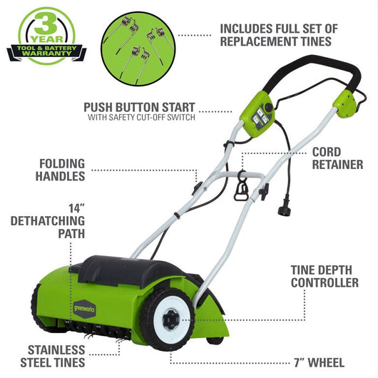 Greenworks 10 Amp 14-inch Corded Electric Dethatcher, 27022**New in Box**