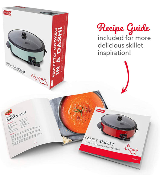 Dash Family Size Electric Skillet with 14 inch Nonstick Surface + Recipe Book for Pizza, Burgers, Cookies, Fajitas, Breakfast & More, 20 Cup Capacity, 1400-Watt - Aqua- NEW IN BOX!!!!