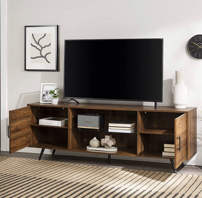 Walker Edison Saxon - TV stand with glass shelf, 2-door, mid-century modern style, for TVs up to 80 inches, 70 inches, dark walnut!  -Brand new in the box