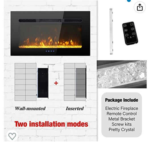 PHI VILLA 30 Inch Electric Fireplace Inserts, Wall Mounted & Recessed Electric Fireplace Heater Low Noise with Remote Control, Timer, Touch Screen, Adjustable Flame Color, 1500W (Black)-MISSING REMOTE