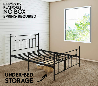 CASTLEBEDS Victorian Full Metal Bed Frame with Headboard and Footboard Platform/Wrought Iron/Heavy Duty/Solid Sturdy Metal Slat Black No Box Spring Needed Mattress Foundation Under Bed Storage AMBEE21**New in box**