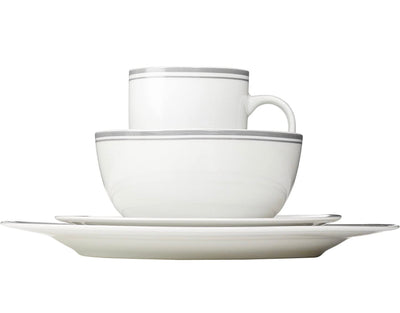 Amazon Basics 16-Piece Cafe Stripe Kitchen Dinnerware Set, Plates, Bowls, Mugs - Service for 4, Grey- NEW IN BOX!!!