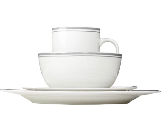 Amazon Basics 16-Piece Cafe Stripe Kitchen Dinnerware Set, Plates, Bowls, Mugs - Service for 4, Grey- NEW IN BOX!!!