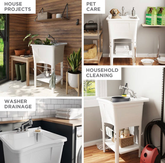 Zenna Home Ergo Tub Utility Sink with Pull-Out Faucet: Laundry Tub for Basement, Garage, Wash Room, in White- NEW OUT OF BOX!!!!