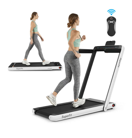 SuperFit 2.25HP 2 in 1 Dual Display Folding Treadmill Jogging Machine W/APP Control White- NEW OUT OF BOX!!! (Minor crack/scratch from shipping)