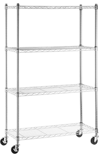 AmazonBasics 4-Shelf Shelving Storage Unit on 3'' Wheel Casters, Chrome Silver!! NEW IN BOX!!