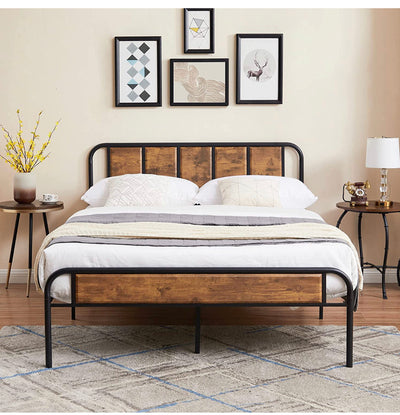 VECELO Queen Bed Frame Metal Platform with Wooden Headboard & Footboard Mattress Foundation Strong Metal Slats Support No Box Spring Replacement/Easy Assemble**New in box**