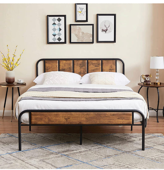 VECELO Queen Bed Frame Metal Platform with Wooden Headboard & Footboard Mattress Foundation Strong Metal Slats Support No Box Spring Replacement/Easy Assemble**New in box**