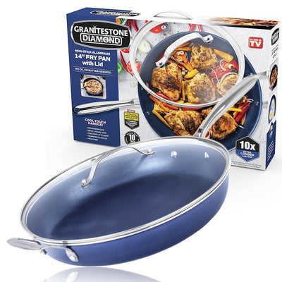 Granitestone Blue Nonstick 14” Frying Pan with Lid with Ultra Durable Mineral and Diamond Triple Coated Surface, Family Sized Open Skillet, Oven and Dishwasher Safe, 100% PFOA Free**New**