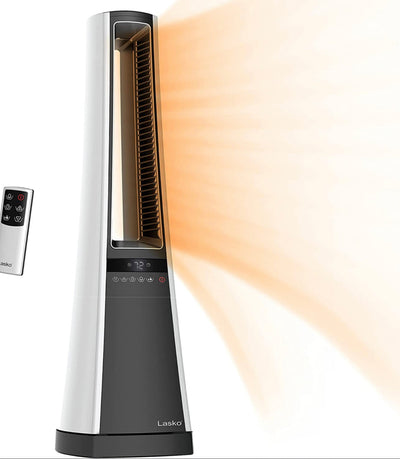 Lasko Oscillating Bladeless Ceramic Tower Space Heater for Home with Enhanced Safety, Adjustable Thermostat, Filter, Timer and Remote Control, 27 Inches, Silver, 1500W, AW300**New in box**