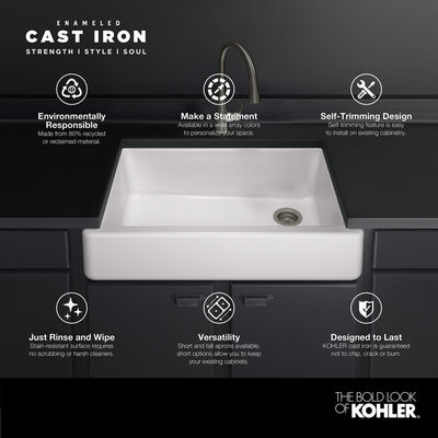 KOHLER 5826-0 Whitehaven Farmhouse Self-Trimming Undermount Single-Bowl Sink with Short Apron, 33 Inch, White**New in box,chipped from shipping**