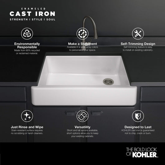 KOHLER 5826-0 Whitehaven Farmhouse Self-Trimming Undermount Single-Bowl Sink with Short Apron, 33 Inch, White**New in box,chipped from shipping**