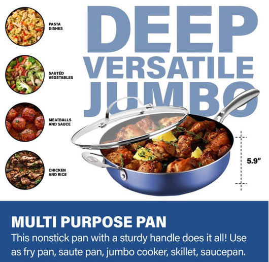 Granitestone Jumbo Cooker with Lid, Nonstick Triple Coated Surface, Family Sized Open Skillet with Stainless Steel Stay Cool & Helper Handle, Oven and Dishwasher Safe, Classic Blue- NEW!!!
