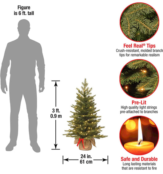 National Tree Company Pre-Lit 'Feel Real' Artificial Mini Christmas Tree, Green, Nordic Spruce, White Lights, Includes Burlap Bag Base, 3 Feet!! NEW OUT OF BOX!!