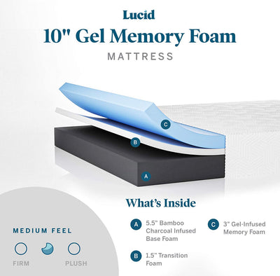 LUCID 10” Memory Foam, Medium-Plush, Gel Infusion Hypoallergenic Bamboo Charcoal, Short Queen Size Mattress!! NEW IN BOX!!
