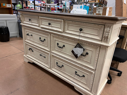 Signature Design by Ashley Realyn French Country 7 Drawer Two Tone Dresser, Chipped White and Realyn French Country 3 Drawer Nightstand with Electrical Outlets & USB Ports, Chipped White!