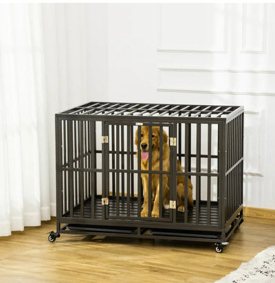 PawHut Heavy Duty Steel Dog Crate Kennel with Wheels and 1 Access Door, Black- NEW IN BOX!!!