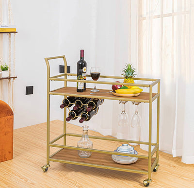 Flora Store Bar Cart Gold, Home Bar Serving Cart with Wine Rack and Glass Holder- NEW AND ASSEMBLED!!!