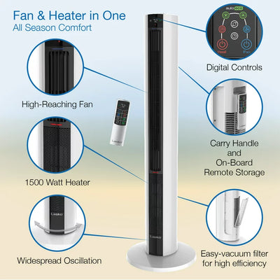 Lasko 1500W Electric All Season Tower Fan & Space Heater with Timer and Remote, FH500, White**New in box**