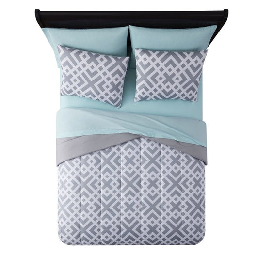 Mainstays Gray Geometric 8 Piece Bed in a Bag Comforter Set With Sheets, Queen**New**