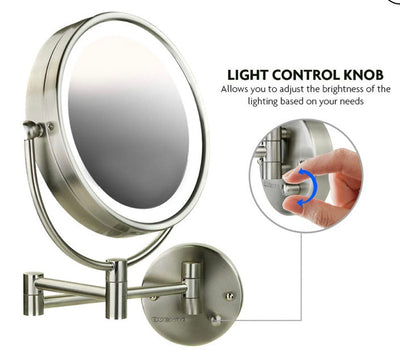 Ovente Lighted Wall Mounted Makeup Mirrors 8.5 Inch 1X 7X Magnifying Dimmable Circular LED Extended Neck Vanities 360 Degree Double Side Hardwired Install Operated Large, Nickel Brushed- NEW IN BOX!!!