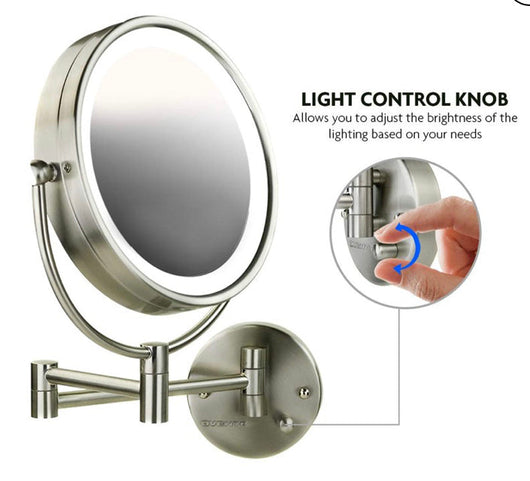 Ovente Lighted Wall Mounted Makeup Mirrors 8.5 Inch 1X 7X Magnifying Dimmable Circular LED Extended Neck Vanities 360 Degree Double Side Hardwired Install Operated Large, Nickel Brushed- NEW IN BOX!!!
