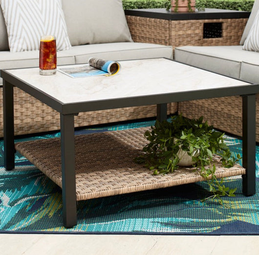 Better Homes & Gardens River Oaks Tile Top Coffee Table with All-Weather Wicker Shelf, White- NEW IN BOX!!!!