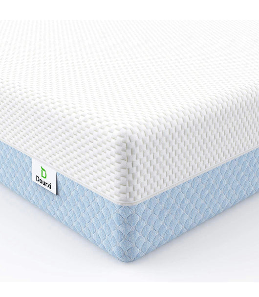Dourxi Crib Mattress, Dual Sided Comfort Memory Foam Toddler Bed Mattress, Triple-Layer Breathable Premium Baby Mattress for Infant and Toddler w/Removable Outer Cover - White&Blue**New in Box**