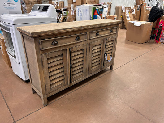 Sunset Trading Cottage Shutter Door Credenza Solid Wood Sideboard | Fully Assembled Cabinet Buffet Server, 58" Wide, Distressed Driftwood Brown!