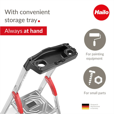 Hailo L60 StandardLine | Aluminum Folding Stepladder | Eight Steps | Integrated Multifunctional Storage Tray | Stable tie bar Guide | Patented HAILO Hinge Protection | Rustproof | Silver (9204016006)**New**