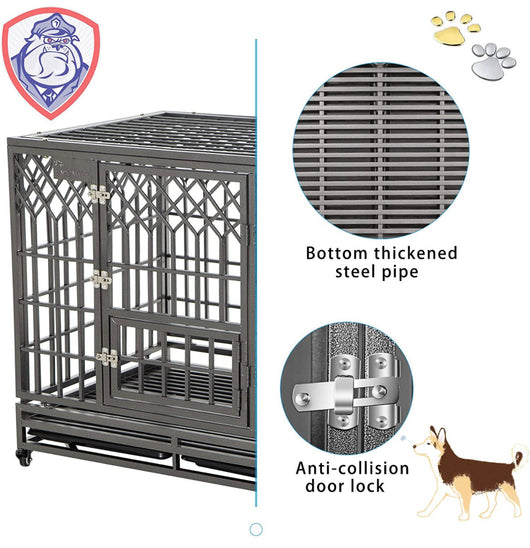 KELIXU Heavy Duty Dog Cage for Large Dog, Strong Metal Kennel and Crate Pet Playpen with Three Doors, Four Wheels, 42 Inch ,Y Shape ,Silver!! NEW IN BOX, MINOR DENT FROM SHIPPING!!