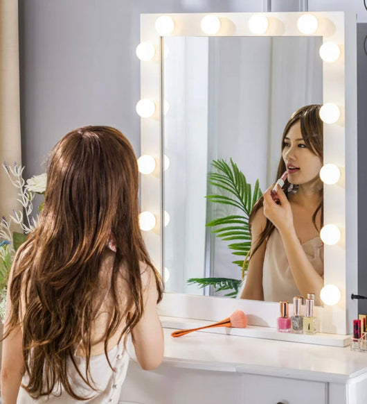 LUXFURNI Large Hollywood Vanity Mirror with 14 LED Lights Tabletop Wall Mount White- NEW IN THE BOX! (2 Light Covers Cracked)