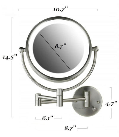 Ovente Lighted Wall Mounted Makeup Mirrors 8.5 Inch 1X 7X Magnifying Dimmable Circular LED Extended Neck Vanities 360 Degree Double Side Hardwired Install Operated Large, Nickel Brushed- NEW IN BOX!!!