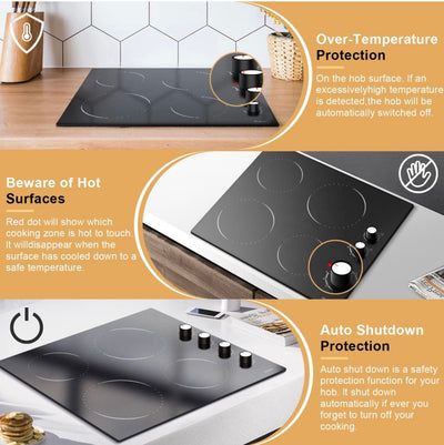 24 Inch Electric Cooktop Hobsir 4 Burners Built-in Radiant Electric Stove, 9 Heating Level, Residual Heat Indicator, Over-Temperature Protection, 220V-240V Hard Wire (No Plug)!! NEW IN BOX!!
