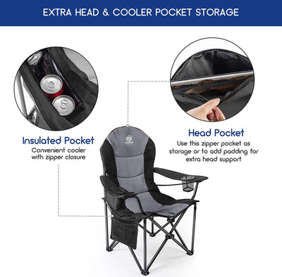 Coastrail Outdoor Camping Chair Oversized Padded Folding Quad Arm Chairs with Lumbar Back Support, Cooler Bag, Cup Holder & Side Pocket, Extra Head Pocket, Supports 400 lbs,Black- NEW OUT OF BOX!!!