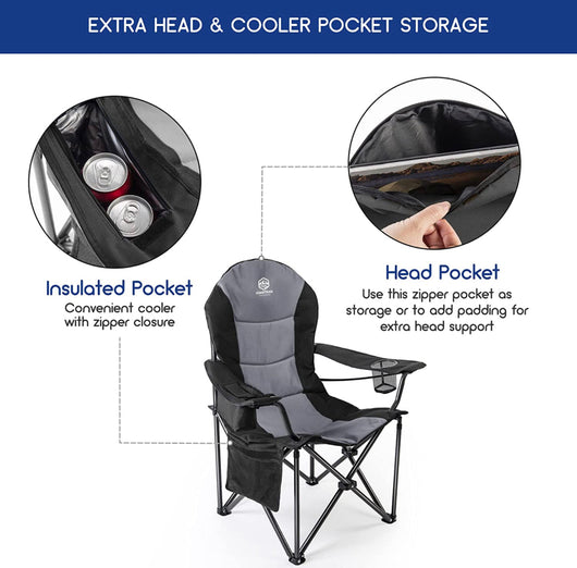 Coastrail Outdoor Camping Chair Oversized Padded Folding Quad Arm Chairs with Lumbar Back Support, Cooler Bag, Cup Holder & Side Pocket, Extra Head Pocket, Supports 400 lbs,Black- NEW OUT OF BOX!!!