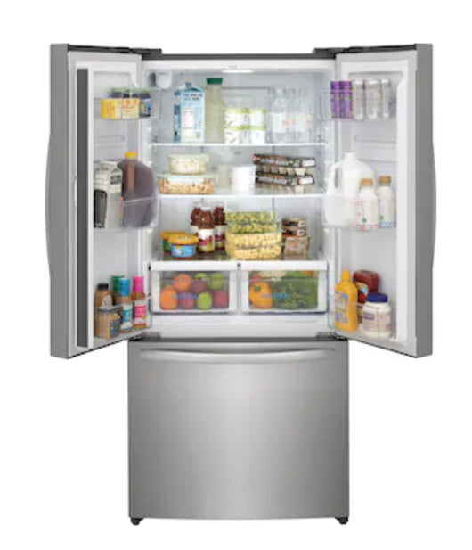 Frigidaire 17.6-cu ft Counter-depth French Door Refrigerator with Ice Maker (Brushed Steel) ENERGY STAR Item #4142878 Model #FRFG1723AV- scratch and dent unit - minor shipping cosmetic scratches- see pics please