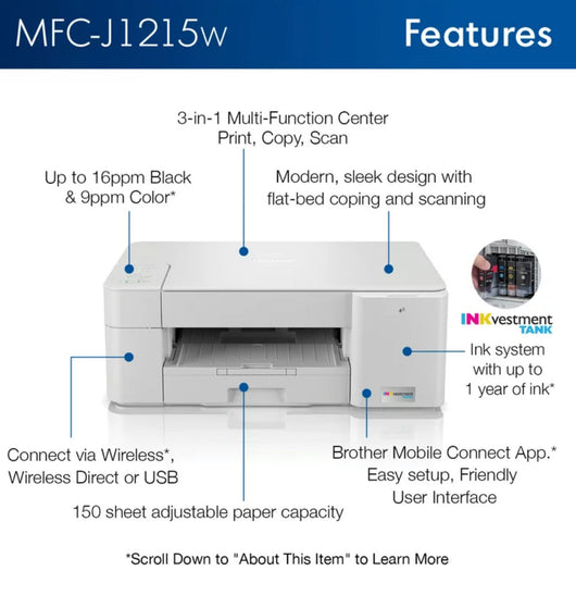 Brother MFC-J1215W INKvestment Tank Wireless Multi-Function Color Inkjet Printer- Used packed in the box (please read description!)