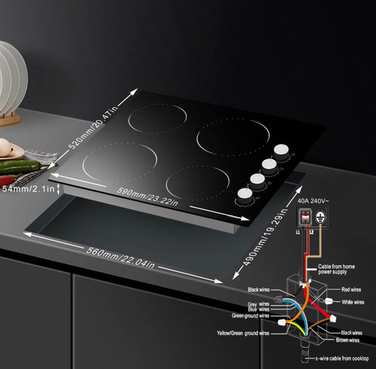 24 Inch Electric Cooktop Hobsir 4 Burners Built-in Radiant Electric Stove, 9 Heating Level, Residual Heat Indicator, Over-Temperature Protection, 220V-240V Hard Wire (No Plug)!! NEW IN BOX!!