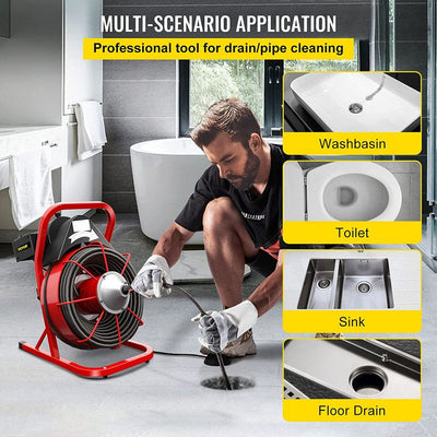 VEVORbrand 75 ft x 1/2 inch Drain Cleaner Machine fit 1 inch (25mm) to 4 inch(100mm) Pipes 370W Portable Electric Drain Auger with Cutters Glove Drain Auger Cleaner Sewer Snake**New in Box**