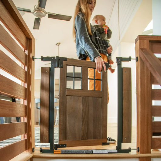 Evenflo Barn Door Walk-Thru Wood Baby Gate, Pressure/Hardware Mount, Stair Stopper, Whisper Swing, 29" - 43", Farmhouse Collection**New in box**