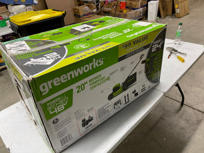 Greenworks 48V 20" Brushless Cordless Push Lawn Mower + 24V Brushless Drill / Driver, (2) 4.0Ah USB Batteries (USB Hub) and Dual Port Rapid Charger Included (2 x 24V)- NEW IN BOX